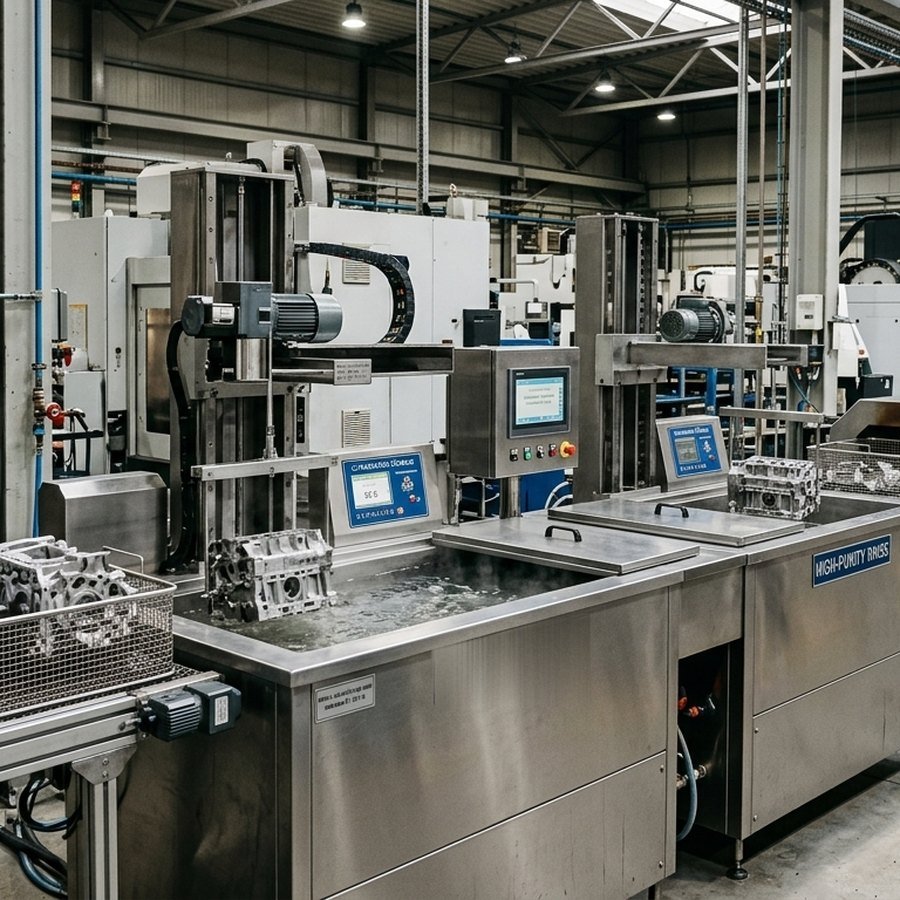 Maßgeschneiderte ASONIC Ultraschallreinigungsanlage in einer Industriehalle
