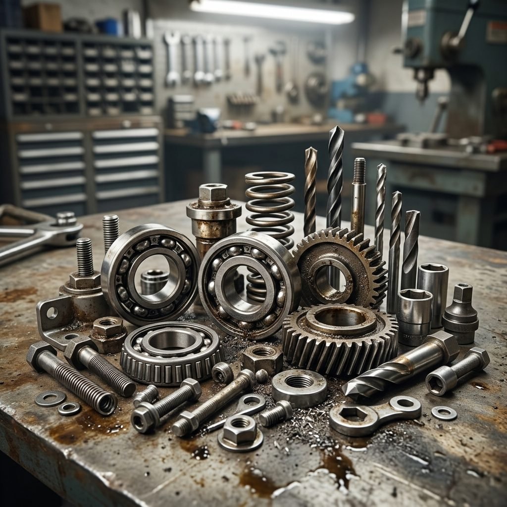 Lager, Zahnräder und mechanische Teile in einer Werkstatt