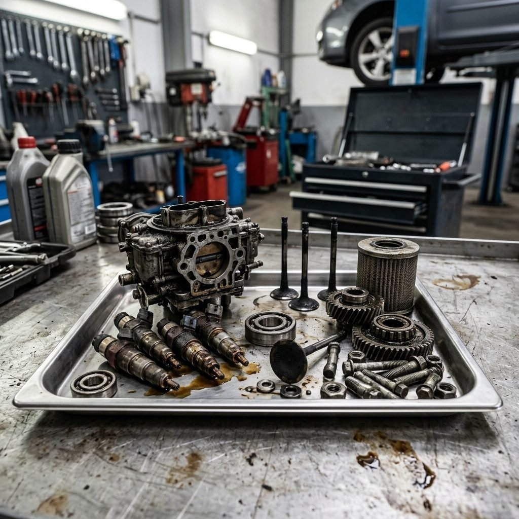 Motorteile und Vergaser in einer Kfz-Werkstatt, vorbereitet für die Ultraschallreinigung
