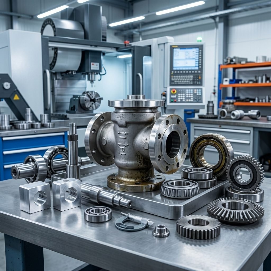 Industriekomponenten, Ventile und Zahnräder in einer Produktionshalle