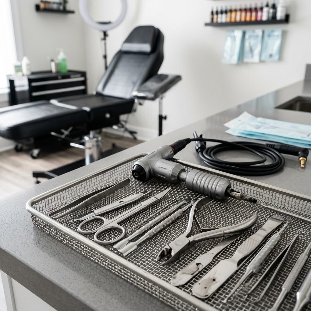 Kosmetik- und Tattoo-Instrumente im Korb für die Ultraschallreinigung