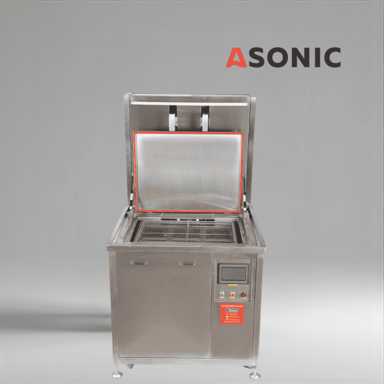 ASONIC IND-2000 Pneumatisches Hochleistungs-Ultraschall-Reinigungssystem mit automatischem pneumatischen Lift für große Werkzeuge und Maschinen.