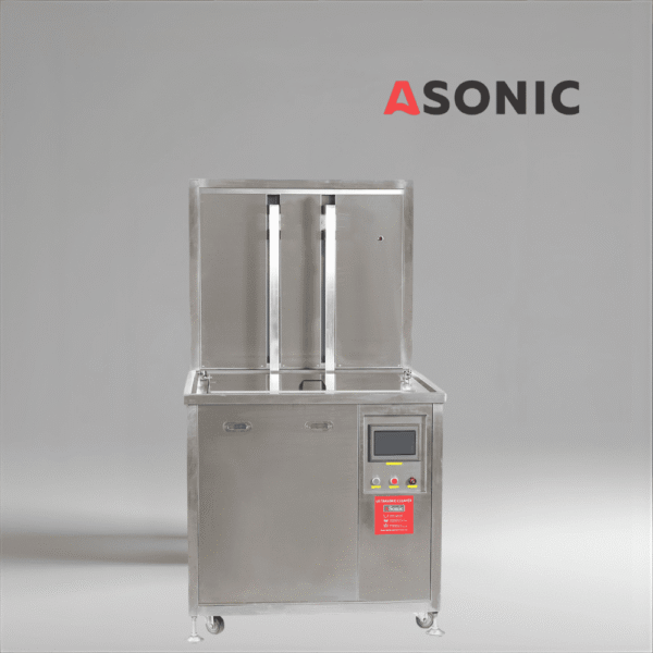ASONIC IND-2000 Pneumatisches Ultraschall-Reinigungssystem, robuste Edelstahlausführung mit pneumatischem Korblift für Fabriken.