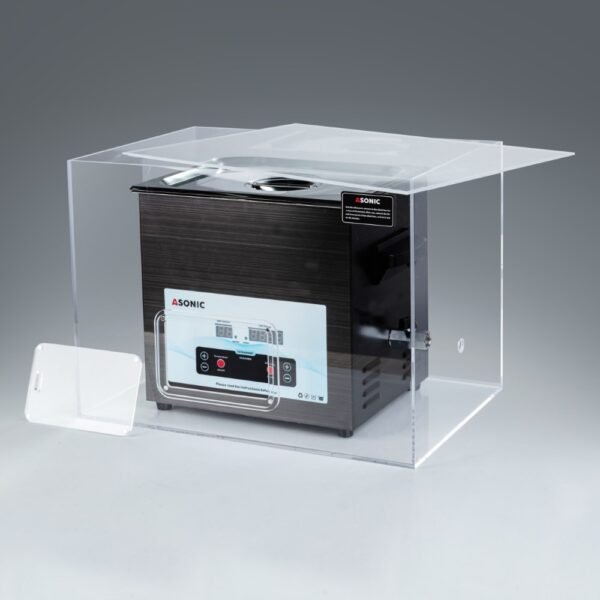 Offene Silent Box mit einem 10L ASONIC Ultraschallreiniger für die leise professionelle Reinigung.
