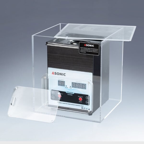 Offene Silent Box mit einem 2L ASONIC Ultraschallreiniger im Inneren, der die Geräusche während des Betriebs reduziert.