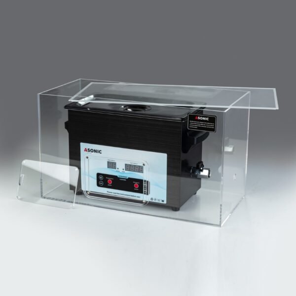 Offene Silent Box mit einem 3L ASONIC Ultraschallreinigungsgerät, die die Geräuschreduzierung verdeutlicht.