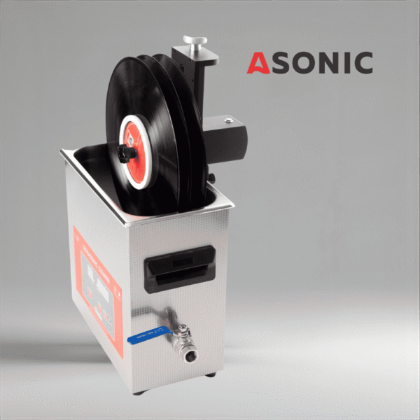 ASONIC Vinyl Cleaner-Aufsatz für bis zu fünf Schallplatten, abgebildet auf einem Ultraschallgerät.