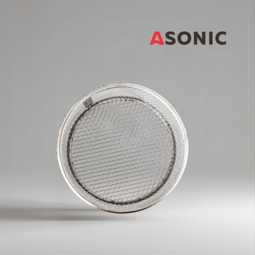 ASONIC inox medium runder Korb Ø75mm, konzipiert für Ultraschallreiniger zur sicheren Aufnahme von Schmuck, Werkzeugen und Kleinteilen.