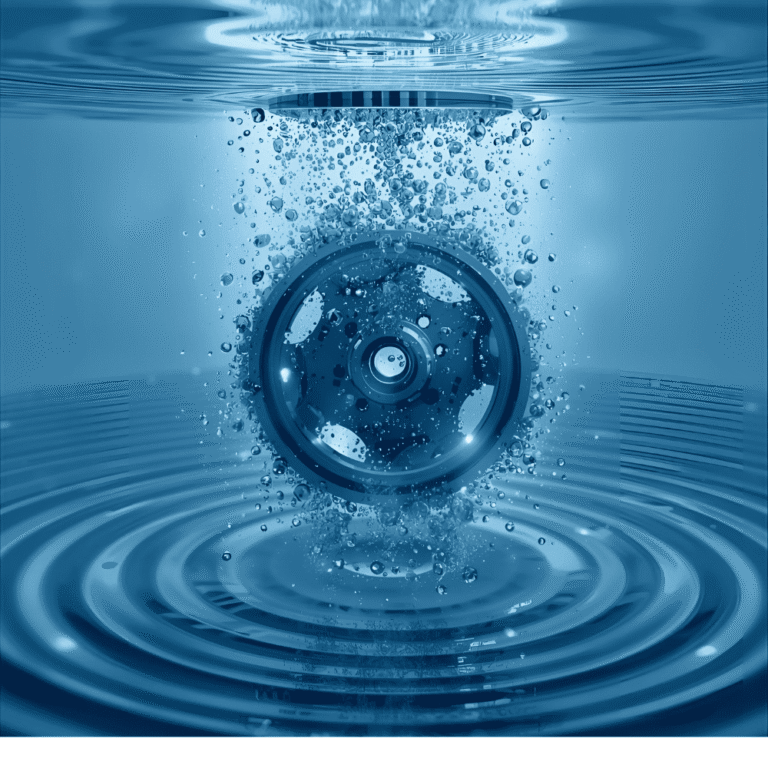 Metallgetriebe in blauem Wasser mit Blasen